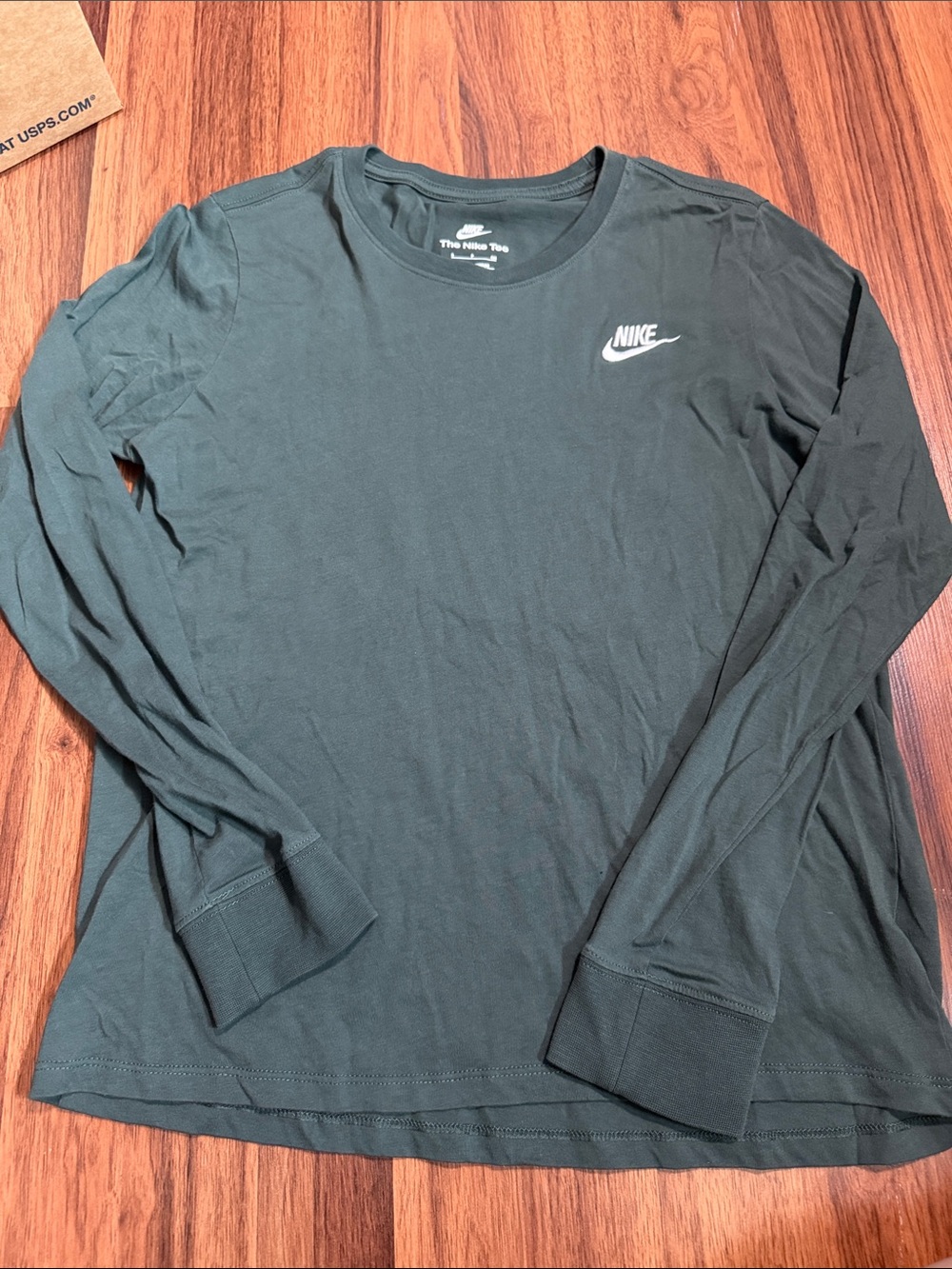 Nike Long-Sleeve Crew Tee in Dark Green with White Logo
